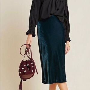 Anthropologie Maeve Deep Green Kelly Velvet Pull On Midi Skirt
